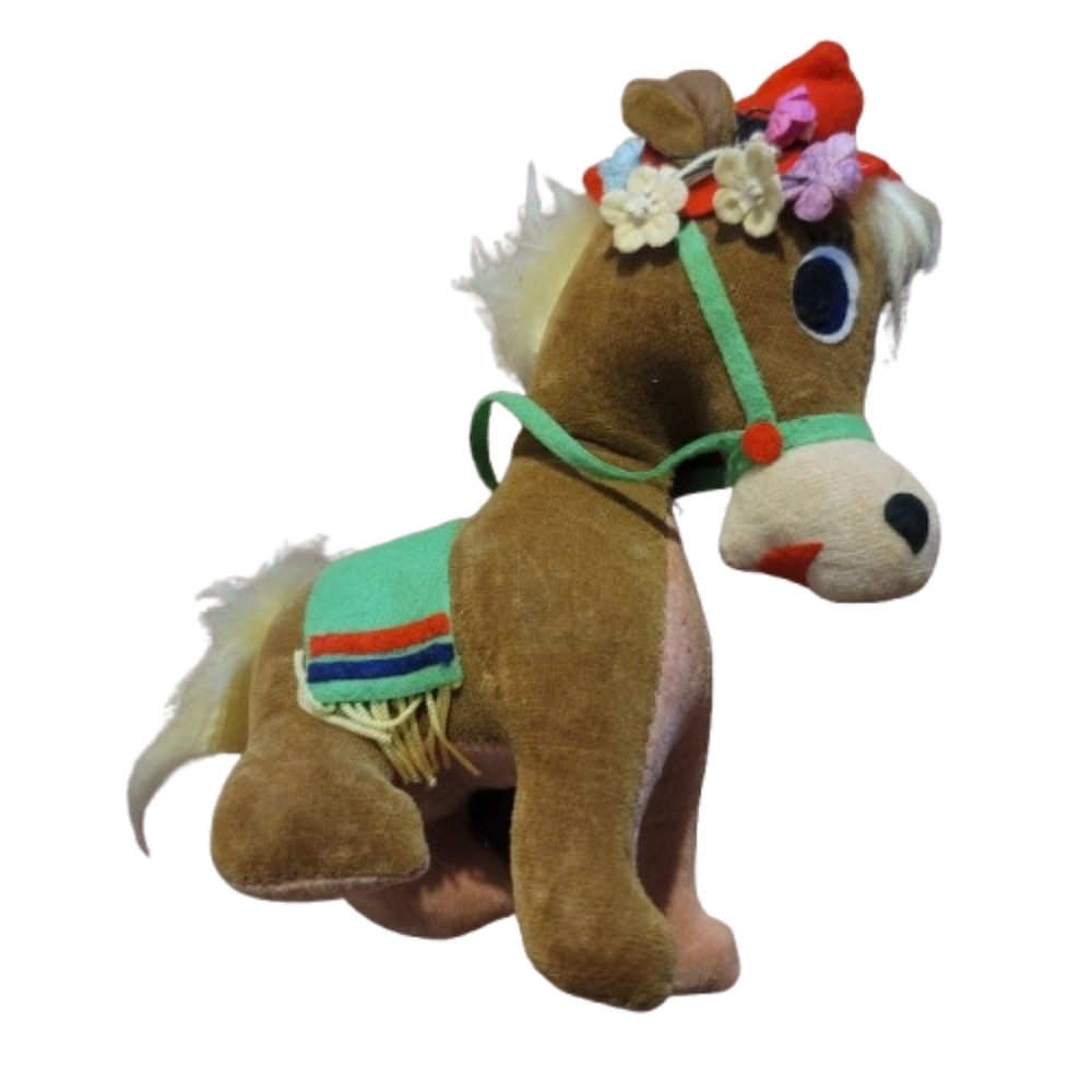 Brown Plush Horse Toy with Floral Accents Vintage Herman Pec